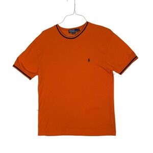 Polo Ralph Lauren Mens Orange Pique T-Shirt Navy Tipped Crewneck Small